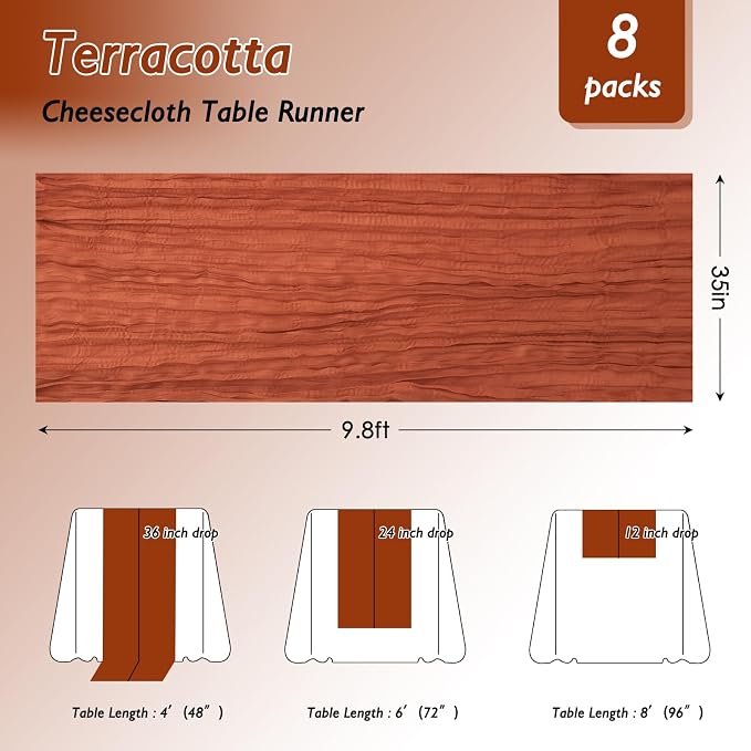 8 Pack Terracotta Cheesecloth Table Runner 120 Inch Boho Wedding Decor | - Image 2