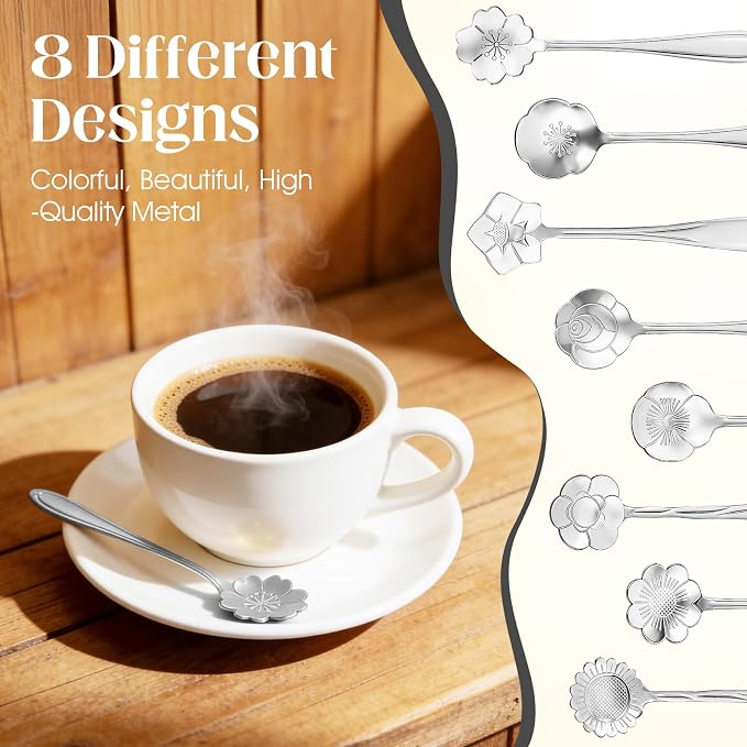 8-Piece Silvery Flower Tea Spoon Set | Stainless steel gold spoons; - Image 5