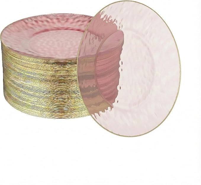 R-kay 100 Pack Pink Plastic Plates - 6.25 IN Hammered Gold Rimmed Sturdy, Durable And Extra Heavy duty Pink And Gold Plastic Dessert Plates Disposable - Appetizer Plates Disposable For All Occasions