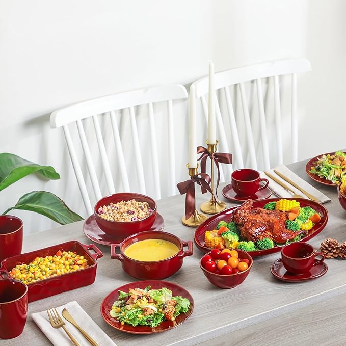 vicrays Ceramic Soup Bowls with Handles, 24 Oz Porcelain Soup Crocks for French Onion Soup, Cereal, Beef Stew, Chill, Pasta, Pot Pies, Microwave and Oven Safe, Set of 4 (Cherry Red)