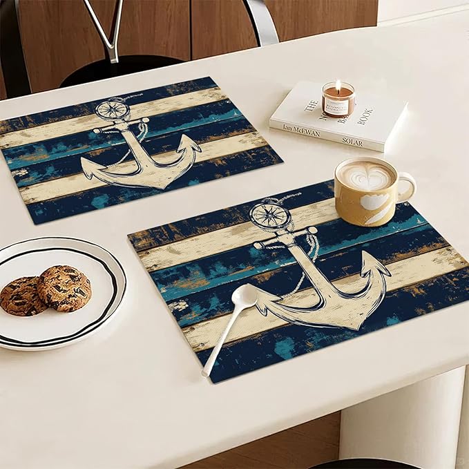 Nautical Placemats Set of 6, Coastal Anchor Place Mats, Rustic Beach Navy Blue Waterproof Washable Table Mats for Home Party Indoor Kitchen Dining Table Decoration 12x18 Inch