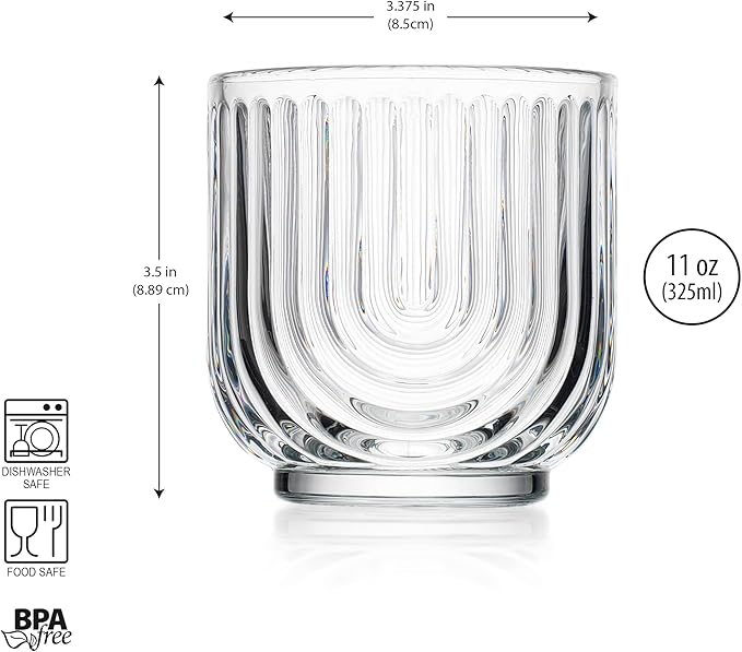 Glaver's Vintage Glassware Art Deco Glasse Ribbed Drinking Glasses U-Shape Arch Design Colored Cocktail Kitchen Tumblers Everyday Dinner Decorative Party (Clear S/4 11oz)