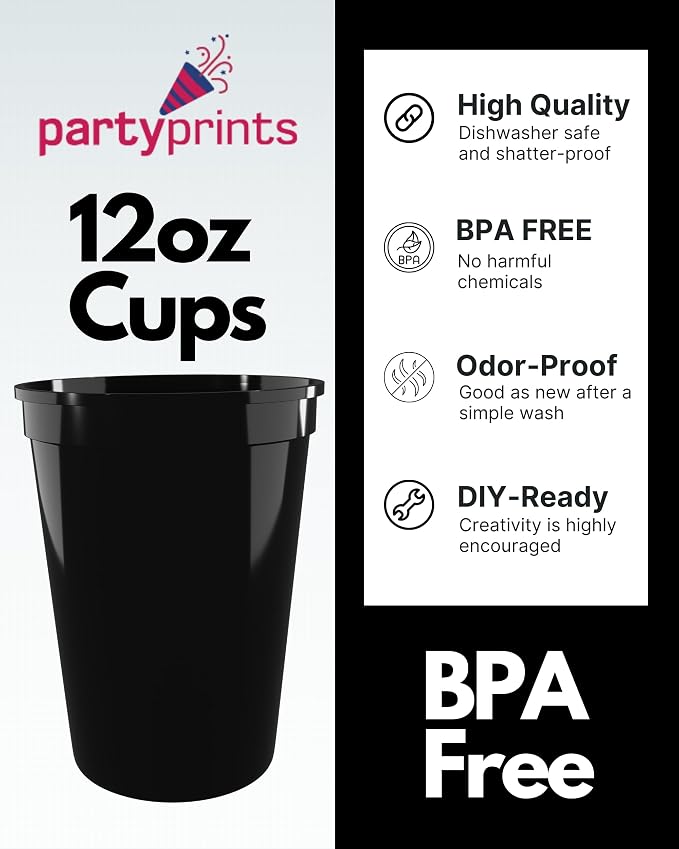 PartyPrints 100 Pack Small 10 to 12 oz Black Reusable Blank Plastic Cups - Image 3