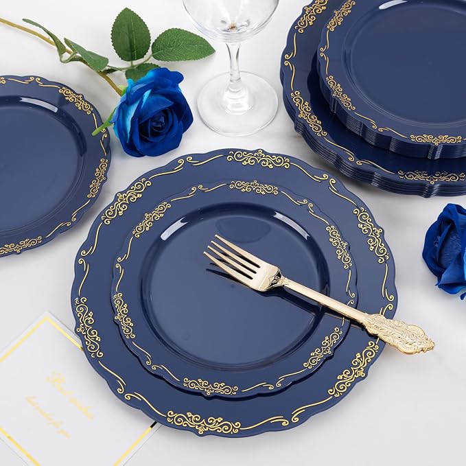 DaYammi 150Pcs Blue Plastic Plates Heavy Duty Navy Blue Disposable Plates with Gold Plastic Silverware include 30 Dinner Plate,30 Dessert Plate,90 Gold Silverware Set,blue plates for Party Dinner