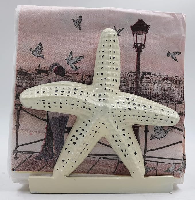Nautical Starfish Lunch Dinner Metal Napkin Holder Kitchen Beverage Cocktail Ocean Coastal Napkin Holder By The Metal Magician (Distressed Off-White)