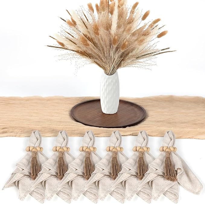 Table Centerpiece Set with Beige Cheesecloth Table Runner, 1 Round Wooden Candle Plate, 70 PCS Dried Pampas Grass Decor with White Vase, 6 Linen Napkins and Wooden Napkin Rings for Wedding Home Decor