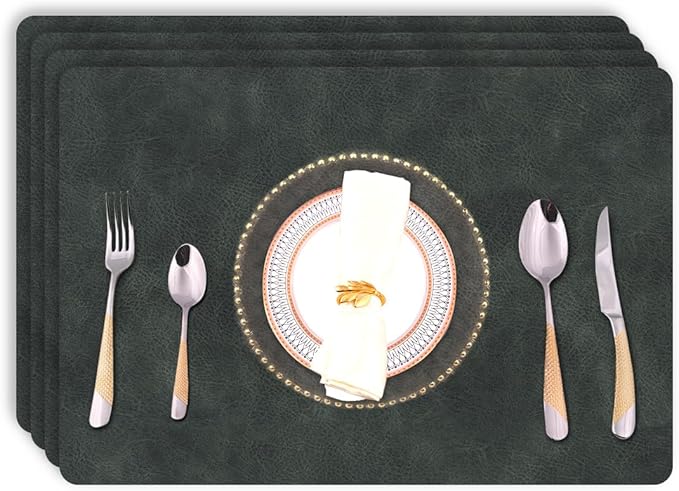 Faux Leather Dining Placemats with Rounded Corners-Set of 4,Washable&Wipeable Place Mats,Waterproof&Stain Resistant Table Mats,Heat-Resistant,Non-Slip for Kitchen(Black-Grey)