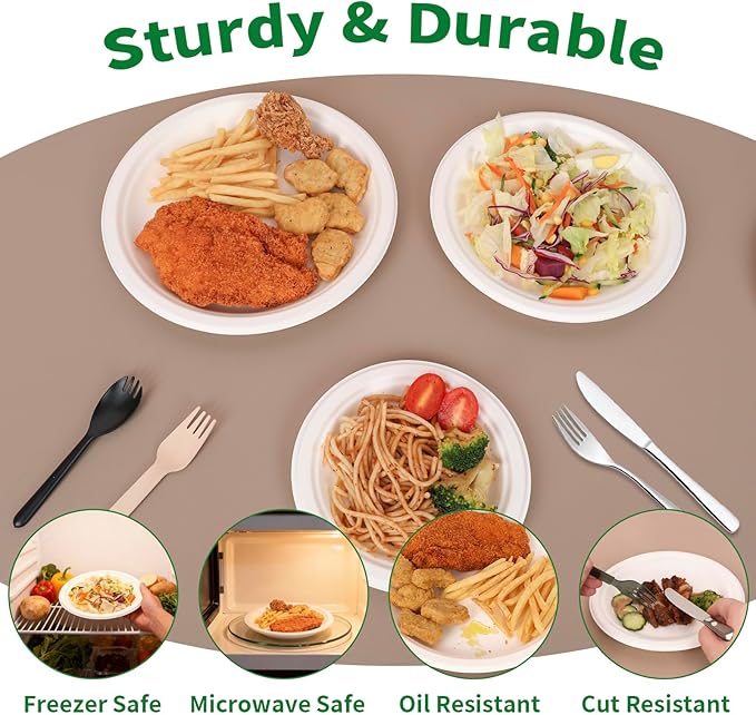 Aricsen 50 Pack 9 Inch Compostable Disposable Round Paper Plates, Natural White Biodegradable Sugarcane Bagasse PFAS-Free Eco-Friendly Dinner Plates for Party Wedding Picnic BBQ (50, 9 INCH)