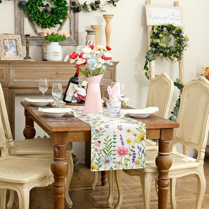 Spring Table Runner 13 x 120 Inch, Floral Wildflowers Decorative Rustic - Image 5