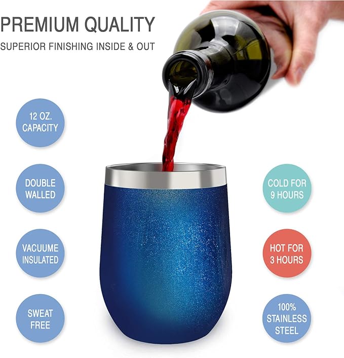 CHILLOUT LIFE 12 oz Stainless Steel Wine Tumbler with Lid - Double Wall Vacuum Insulated Wine Cup Glass Keeping Cold & Hot for Coffee, Champagne, Cocktails, Ice Cream - Blue Sparkle
