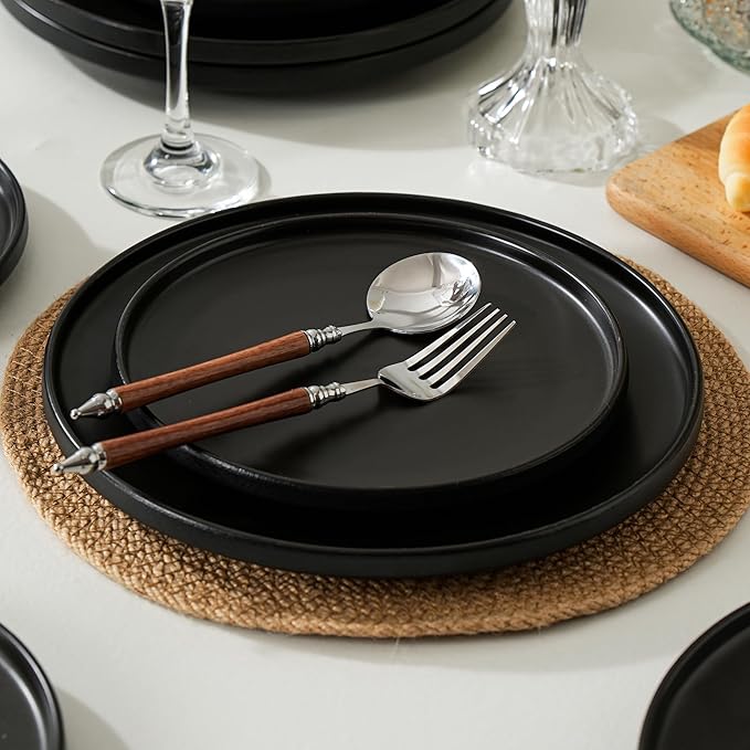 Stoneware Salad Plates Set of 4, 8 Inch Plates for Dessert, Ceramic Plates Sets, Microwave Safe, Dishwasher Safe, Versatile for All Seasons, Matte Black