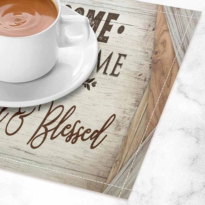 Vintage Farmhouse Placemat Set, Beige White Rustic Wooden Plank Patchwork Welcome Home Letter Inspirational Quotes Pattern Home Decor Linen Table Mats for Dining Room Kitchen Party (17x12in) x4P