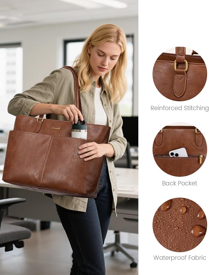LOVEVOOK Work Tote Bag for Women, Vintage Leather 17.3 Inch Laptop Bags - Image 6