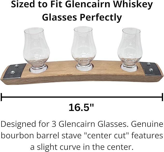 Premium Barrel Stave Whiskey Flight, includes 3 Crystal Glencairn Glasses (Natural with Glass)