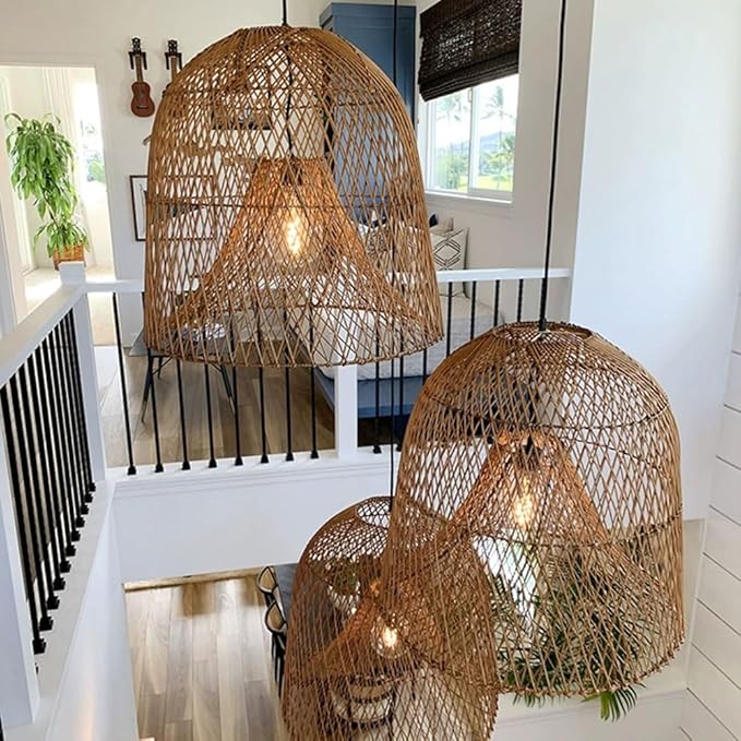 17.7" Hollow Rattan Hanging Lights Woven Wicker Lamp Shade French Romance Decor Pendant Light Bamboo Ceiling Pendant Fixture for Dining Room Living Room Restaurant Bar