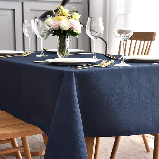 maxmill Jacquard Tablecloth Swirl Design Spillproof Wrinkle Free Heavy Weight Soft Table Cloth Decorative Fabric Table Cover for Outdoor and Indoor Use Oblong 60 x 120 Inch Navy Blue