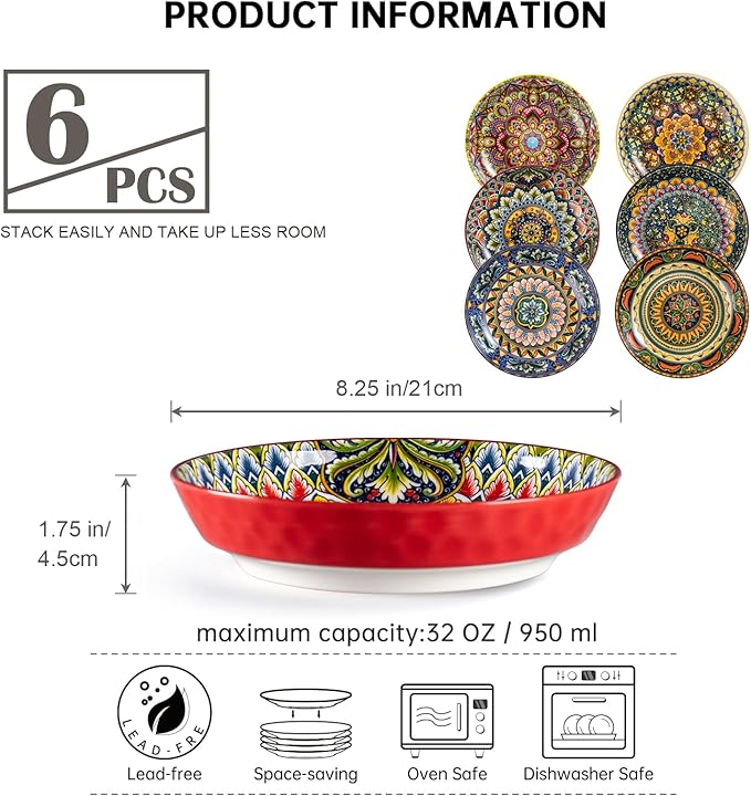 Henten Home 32 oz Porcelain Pasta Bowls Set, Salad Bowl Set of 6, Ceramic Dinner Serving Bowls for Soup, Cereal, Fruit, Bohemia Style, Microwave & Dishwasher Safe