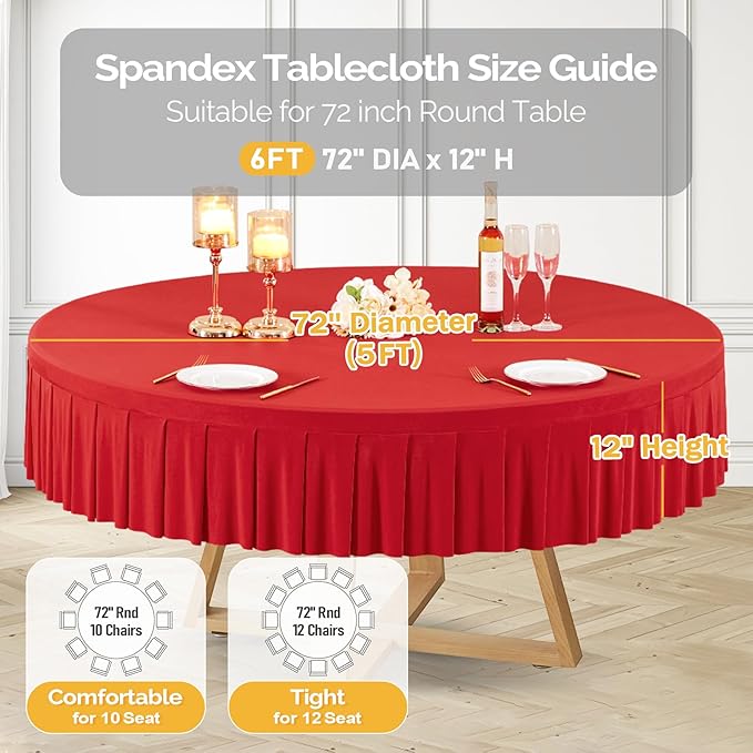 1 Pack Red Spandex Round Tablecloths for 72in Table, Stretchy Fitted 6FT Round Table Cloths, Wrinkle Free Table Cover with Skirt for Wedding Birthday Party Bridal Shower Banquet