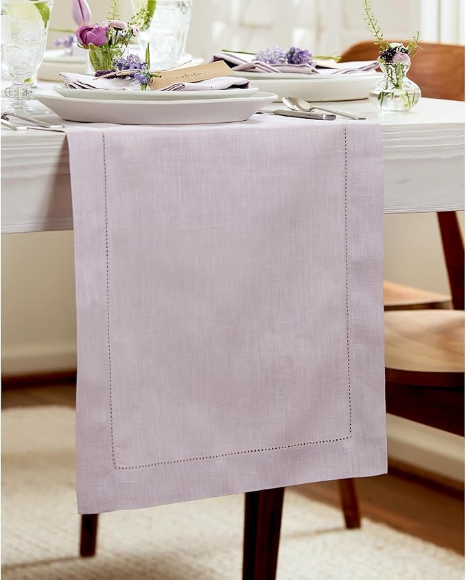 Solino Home Linen Table Runner 48 Inches - 100% Pure Linen Lilac Hemstitch Table Runner 14 x 48 Inch Ideal for Dresser and Coffee Tables, Valentines, Spring, Easter - Classic Hemstitch