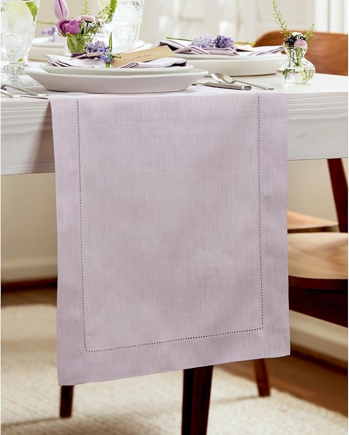 Solino Home 100% Pure Linen Dining Table Runner Lilac Hemstitch, 14 x 90 in | - Image 2