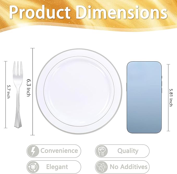 WELLIFE 240PCS Silver Plastic Dessert Plates - Includes 120PCS Silver Forks, 120PCS 6.3 Inch Salad & Appetizer Plates - Perfect for Wedding & Party