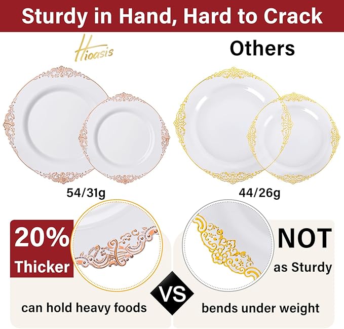 Hioasis 350pcs Rose Gold Plastic Plates - Elegant Disposable Dinnerware Set Suitable for 50 Guests Include 10.25" Dinner & 7.5" Dessert Plates, Pre Rolled Silverware Set, Cups for Party & Thanksgiving