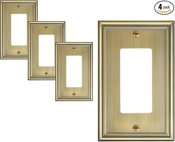 4-Pack Decorator Cover Plate, Antique Brass Decorative Switch Plates and Outlet Covers, Durable Zinc Alloy Wall Plates for Electrical Outlets, Receptacle, GFCI Outlet, Dimmer Switch