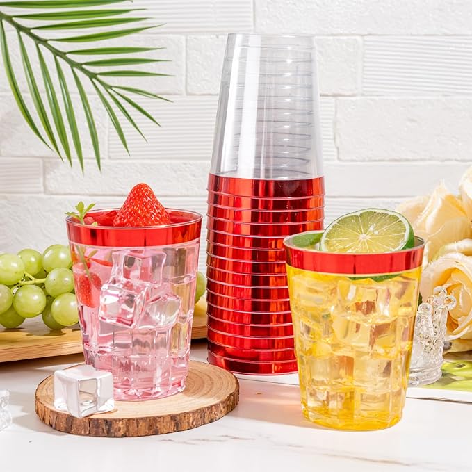 DaYammi 100 Pack Red Plastic Cups 10 Oz Clear Red Rimmed Plastic Cups for Party Fancy Disposable Cup for Wedding Disposable Glasses Clear Tumblers with red Rim for Party Elegant Wine Cocktail Cup