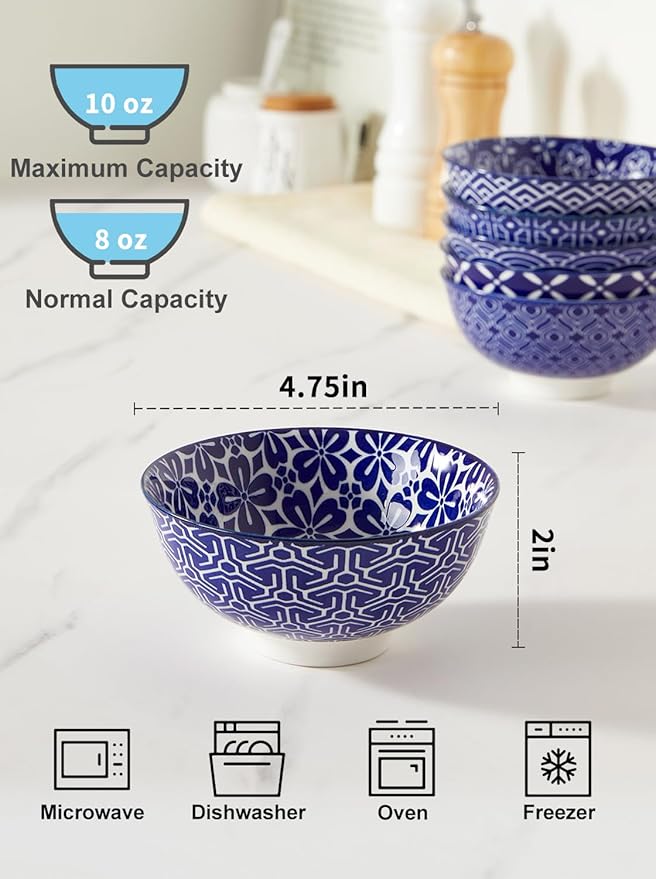Blue and White Bowls, Ceramic Dessert Bowls 10 Oz, Porcelain Bowl Set for Ice Cream, Decorative Bowls for Snack Soup Condiments, Side Dishes, Set of 6