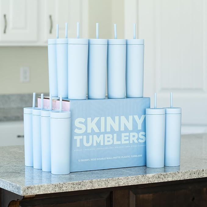STRATA CUPS Periwinkle Skinny Tumblers with Lids and Straws (12 pack) - 16oz Double Wall Acrylic Tumbler, Tall Matte Skinny Tumblers, Bulk with Free Straw Cleaner, Reusable Cups