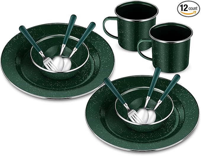 Nuogo 12 Pcs Enamel Camping Tableware Set Dinnerware Kit Includes 12 oz Coffee Mugs Camping Plates Bowls and Utensils Set with Knife Fork Spoon for 2 People Hiking Picnic Outdoor