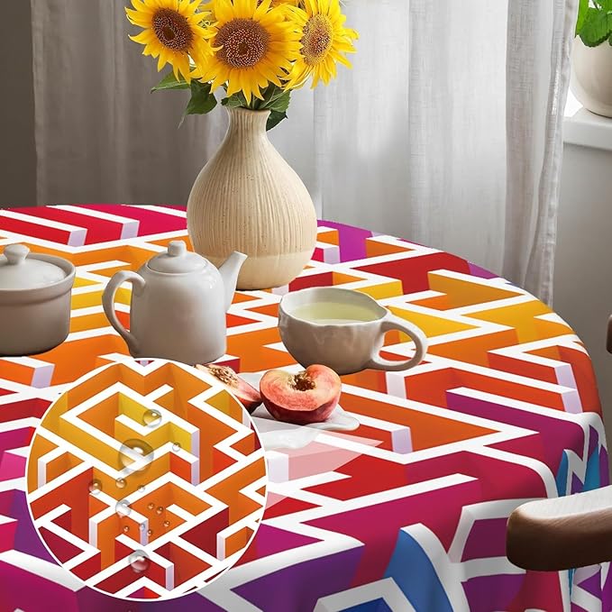 Laeacco 70 Inch Maze Round Tablecloth Colorful Labyrinth Texture Modern Geometric Abstract Art Print Table Cloth Washable Waterproof Wrinkle Free Table Cover for Kitchen Dining Picnic Party Decor