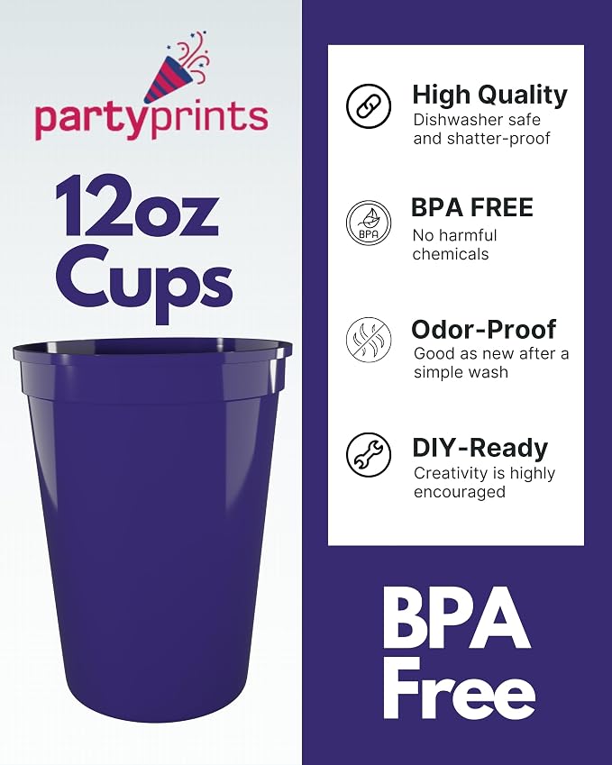 PartyPrints 100 Pack Small 10 to 12 oz Purple Reusable Blank Plastic Cups - Image 3
