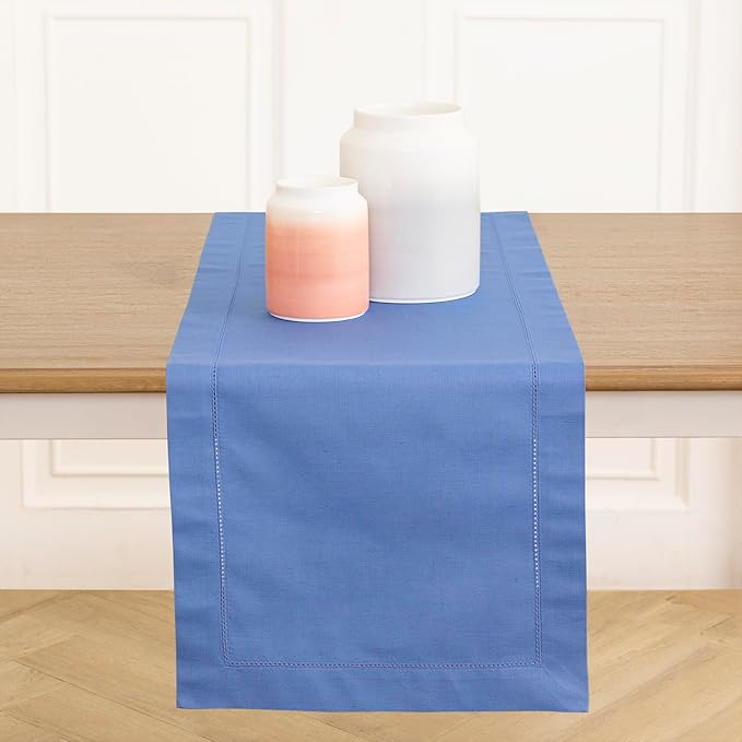 Solino Home Cotton Linen Table Runner Dusty Blue Hemstitch, 14 x 120 in | by SolinoHome