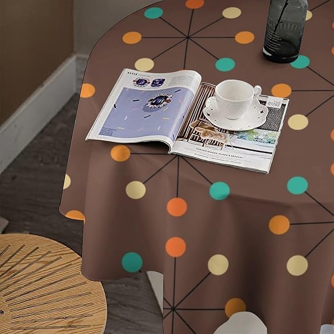 Mid Century Boho Round Tablecloth, 50s Mid Century Modern Geometric Pattern Tablecloth for Home Party Dining Room Kitchen Decor 60Inch(152cm)