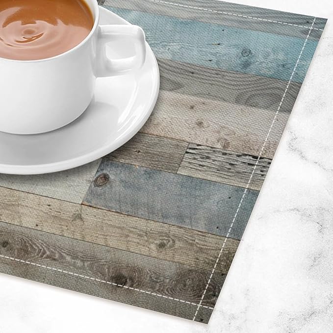 Rustic Plank Placemat Set, Vintage Old Shabby Colorful Beige Brown Blue Farmhouse Barn Wooden Board Pattern Home Decor Linen Table Mats for Dining Room Kitchen Party (17x12in) x2P