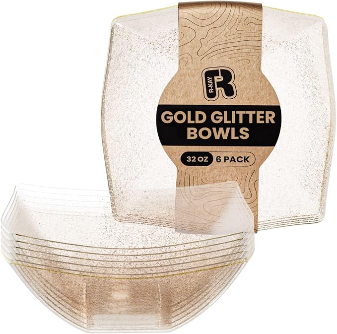 R-kay 6 Pack Gold Glitter Plastic Serving Bowls - 32 Oz Gold Plastic bowls - by R-KAY