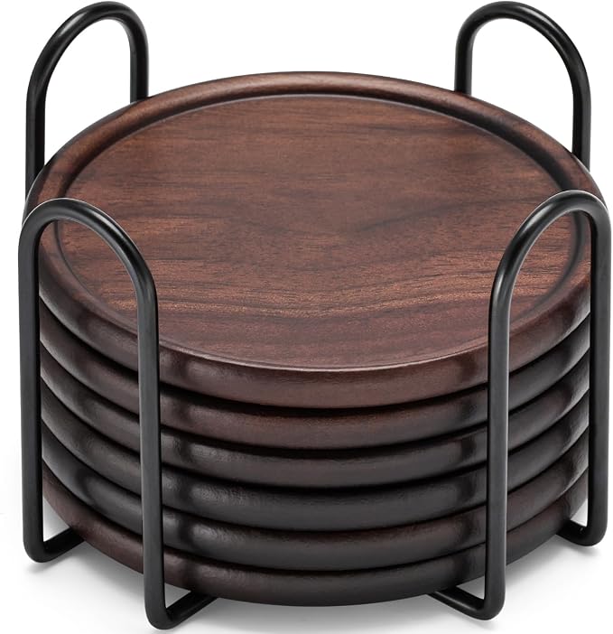 Wood Coasters with Metal Holder, GOH DODD Set of 6 Walnut Wooden Coaster by GOHDODD