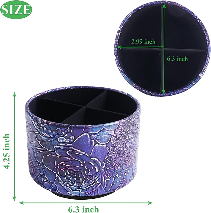 Round Leather Art Supply Organizer,Remote Control Holder,360 Degree Spinning,Multi-Functional Pencil Holder,4 Compartments Desktop Stationary Organizer(1-Rich Flower Purple)