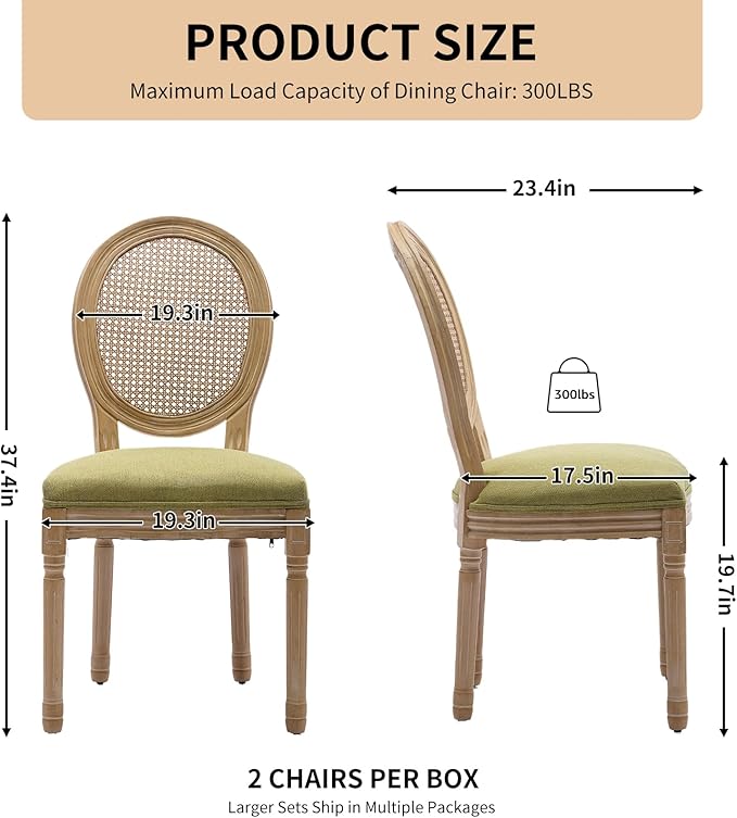 Vintage French Rattan Dining Chairs Set of 4, Round Back Accent Chairs with Rattan Backrest and Upholstered Linen Seat, Solid Frame Wood Sillas de Comedor for Dining Room & Kitchen, Olive Green