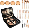 Picnic Tableware Set Camping Dinnerware Copper/Rose Gold Silverware and Plates Kit for 4 Portable Utensils Stainless Steel Dishes Spoons Forks Knives Bottle Opener Food Tongs