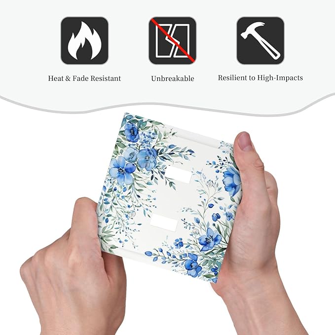 Decorative Light Switch Cover Blue Watercolor Flowers Retro Floral Leaves 2 Gang Wall Plate Double Toggle Switch Plate Receptacle Electrical Outlet Cover Switchplate for Bathroom Bedroom（2 Pack）