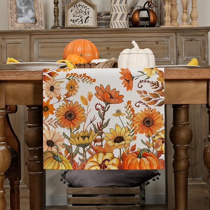 Fall Pumpkins and Sunflowers Table Runner 13x60 Inch, Maple Leaves Farmhouse - Image 4