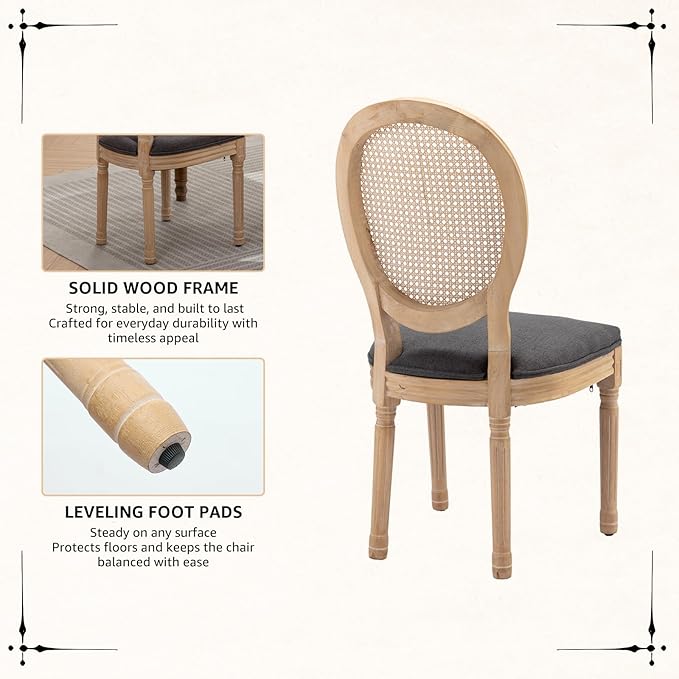 Vintage French Rattan Dining Chairs Set of 2, Solid Wood Frame with Round Rattan Back and Linen Upholstered Seat, Farmhouse Accent Sillas de Comedor Side Chairs for Dining Room & Kitchen, Gray