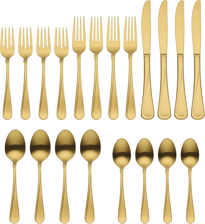 Oneida Gold Silverware Set, Flight Gold Satin 20 Piece Flatware Set, Service - Image 2