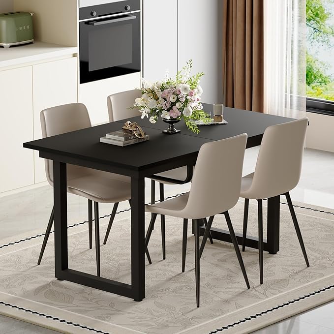 Extendable Dining Table Set for 6, 55"–71" Modern Black Kitchen Table with 6 Upholstered Chairs, Space-Saving for Living Room Apartment, Sturdy & Comfortable, Easy Assembly