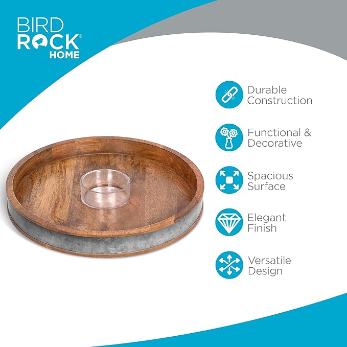 BIRDROCK HOME Wooden & Iron Chip Dip Serving Tray w/Glass Dip Bowl | Extra Large Decorative Kitchen Platter | Salsa, Guacamole, Veggies, Cheese | Decor for Coffee Table, Dining & Living Room - Round
