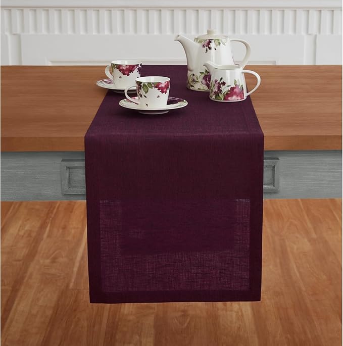 Solino Home Linen Chambray Burgundy Table Runner 108 Inches Long - Athena, 100% Pure Linen 14 x 108 Inch Table Runner for Valentines