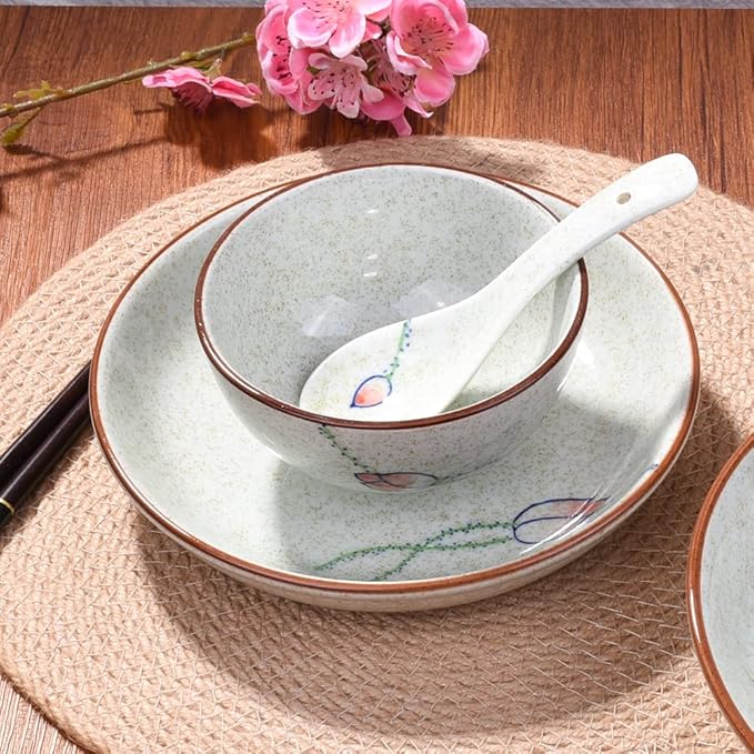 4-Piece Ceramic Dinnerware Set, Plate, Dish, Bowl, Spoon, Japanese Hand-painted Tableware set, A Good Tableware