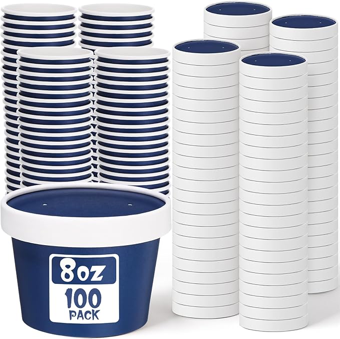 Fulmoon 100 Pack Paper Soup Containers with Lids Disposable Paper Food Containers with Vented Lid Kraft Ice Cream Cake Dessert Cups Soup Bowl for Party Hot Food Fruit Microwave(8 oz,Navy Blue)